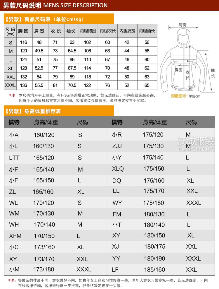 全能型戶外運(yùn)動(dòng)沖鋒衣系列-男款尺碼表